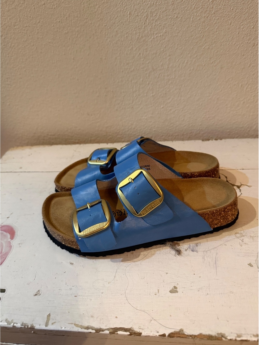 Project Cloud Blue Leather Double Buckle Cork Footbed Sandals Size 7 US